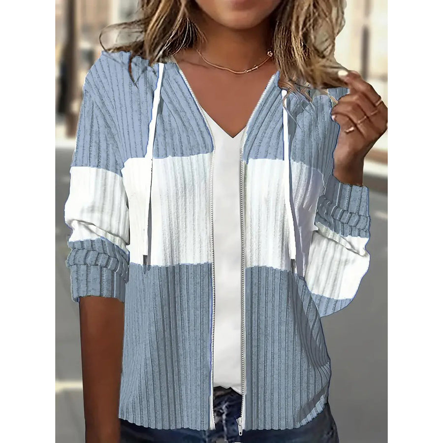 Color Block Zip Up Drawstring HoodieCasual Long Sleeve Rib Knit SweatshirtWomens Clothing Image 1