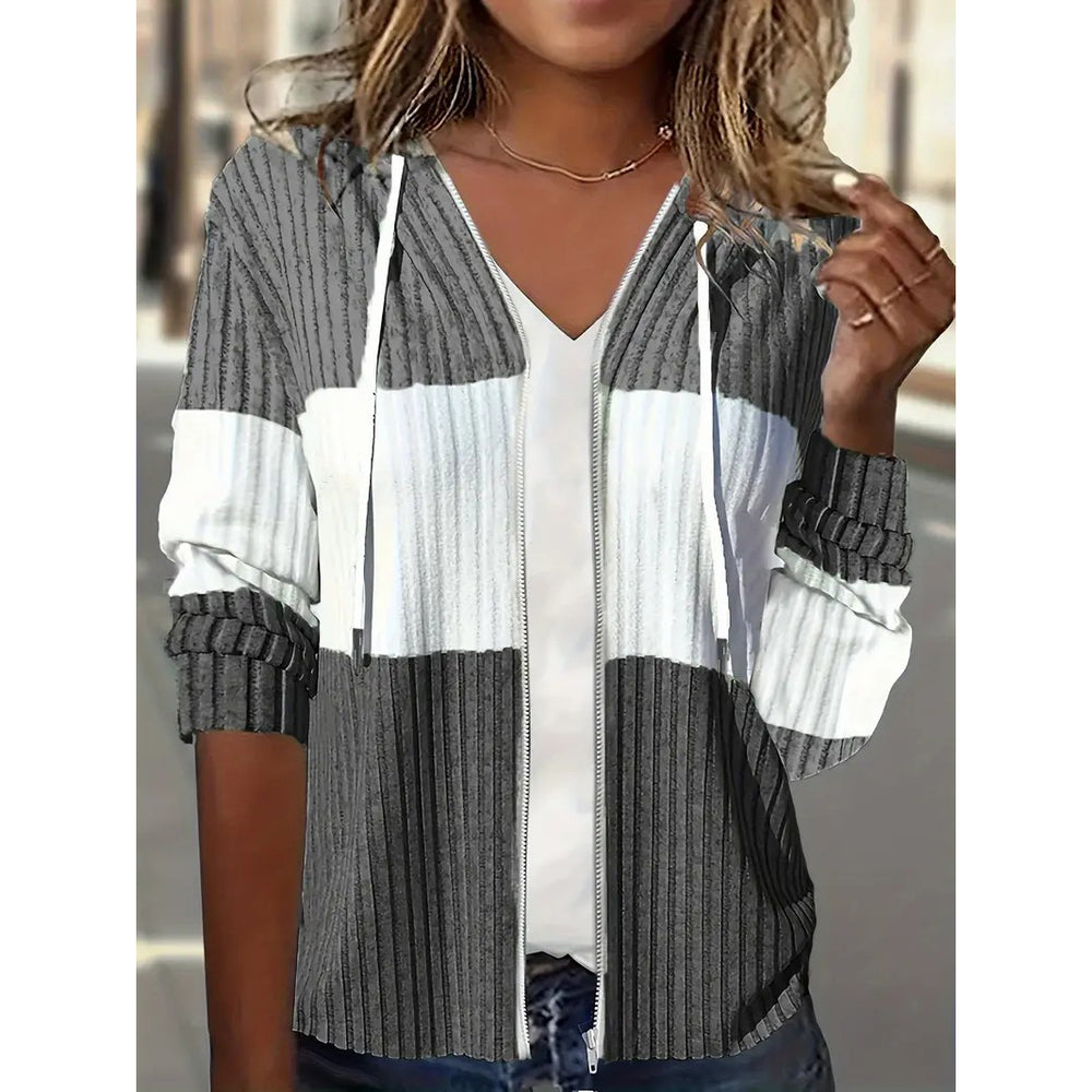 Color Block Zip Up Drawstring HoodieCasual Long Sleeve Rib Knit SweatshirtWomens Clothing Image 2