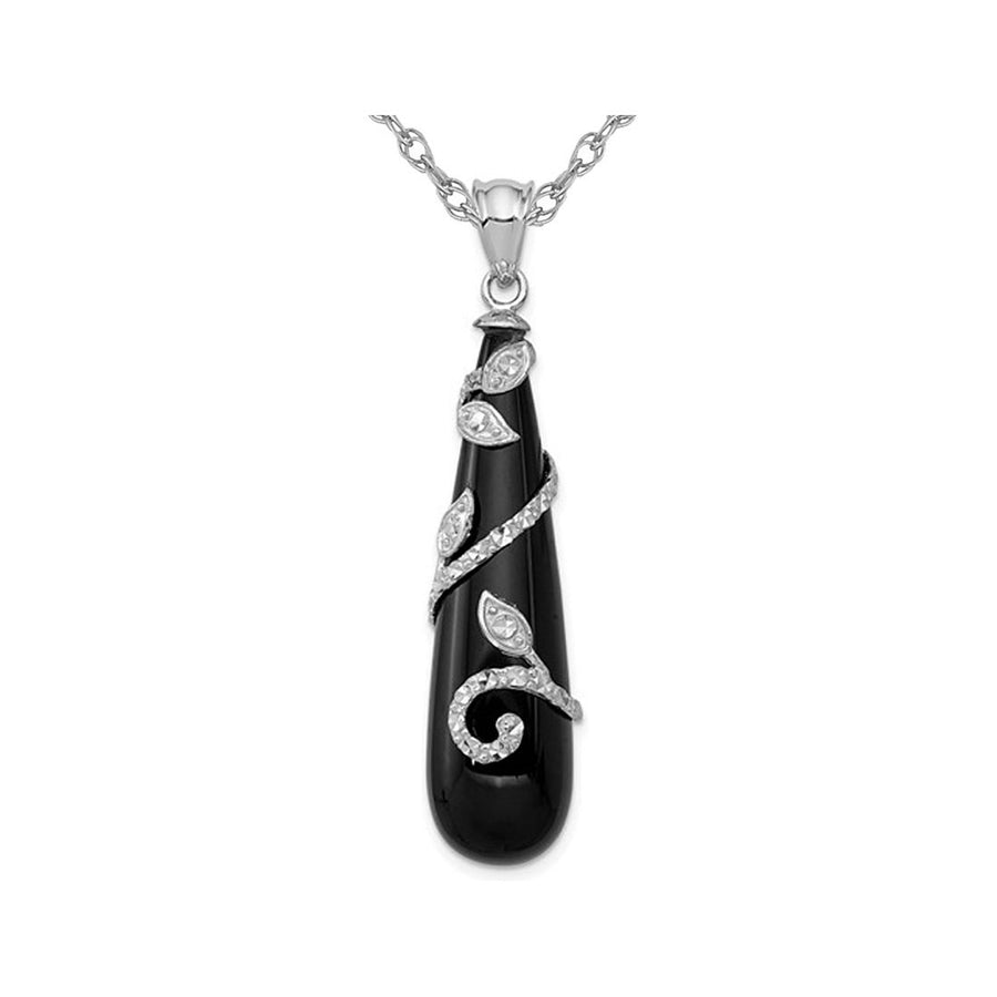 Floral Sterling Silver Black Onyx Teardrop Dangle Pendant Necklace with Chain (18 Inches) Image 1