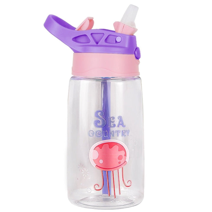 16.2Oz Leak-proof Kids Water Bottle with Straw Push Button Sport Water Bottle for Kids Crab Ship Jellyfish Rocket Image 1