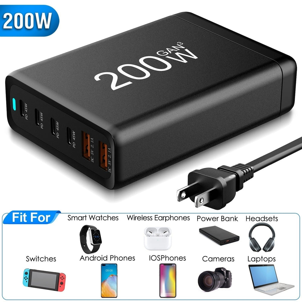 200W Fast Wall Charger with 6 Charging Ports Desktop USB Charging Station PD45W 2.4A GaN Power Adapter Image 2