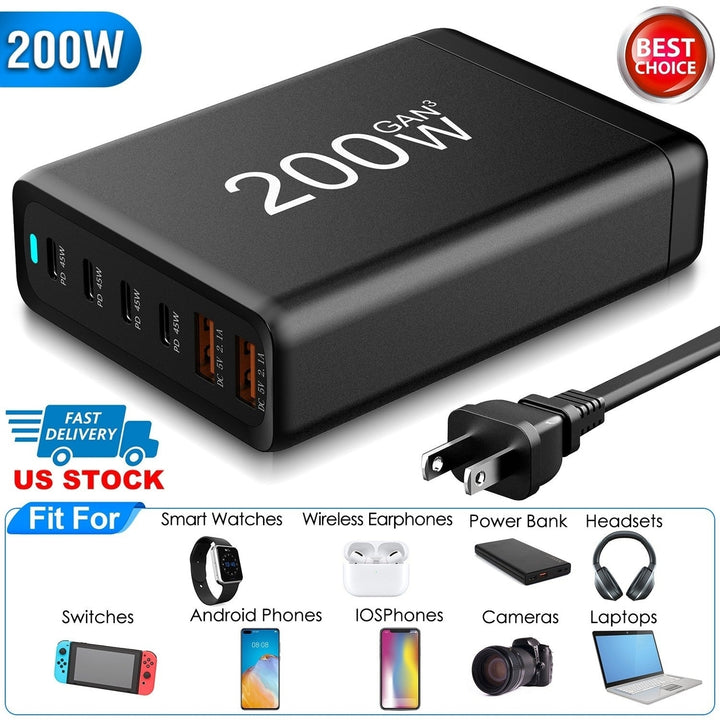 200W Fast Wall Charger with 6 Charging Ports Desktop USB Charging Station PD45W 2.4A GaN Power Adapter Image 3