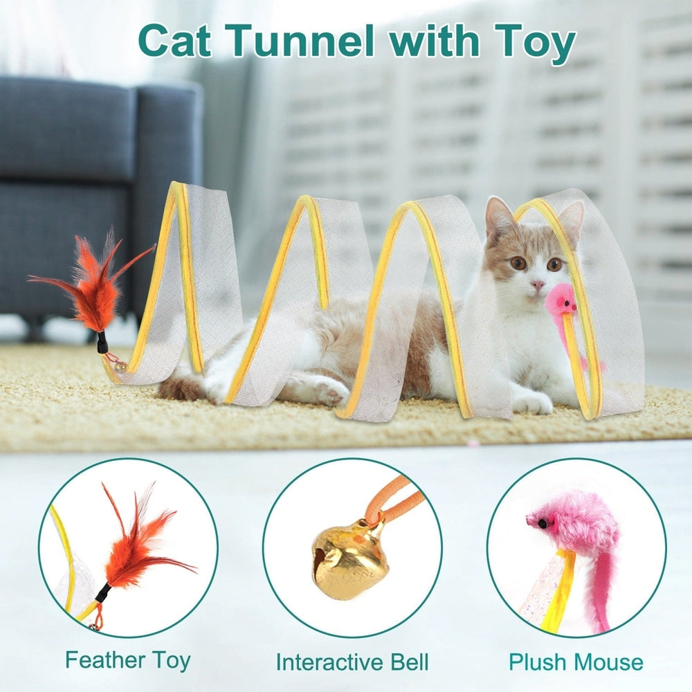 2Pcs Foldable Cat Tunnel with Bell Feather Mouse Toys Collapsible Indoor Cat Spring Tube with Interactive Toy for Image 2