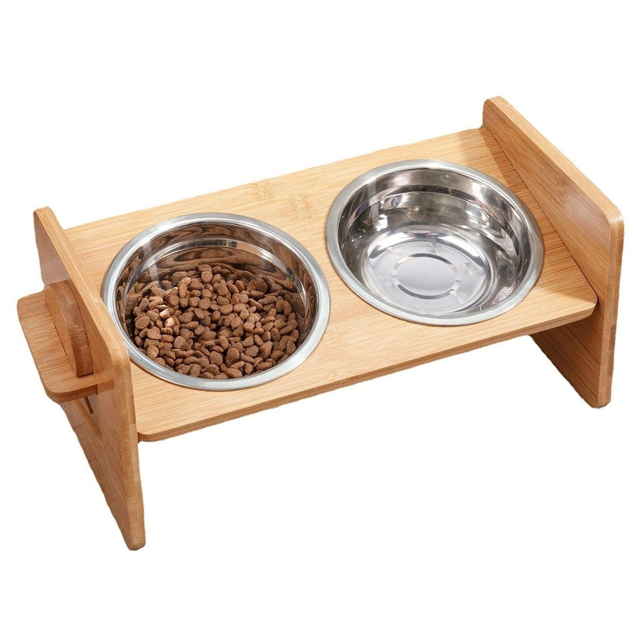 Bamboo Double Dog Raised Bowls 15 Degree Tilt Elevated Dog Bowls with 4 Adjustable Heights 2 Stainless Steel Bowls Pet Image 1