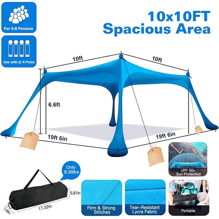 Beach Canopy Tent Sun Shelter Family Beach Tent Outdoor Shade with Sandbag Foldable Poles Carry Bag for Camping Trip Image 2