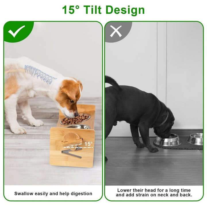 Bamboo Double Dog Raised Bowls 15 Degree Tilt Elevated Dog Bowls with 4 Adjustable Heights 2 Stainless Steel Bowls Pet Image 4