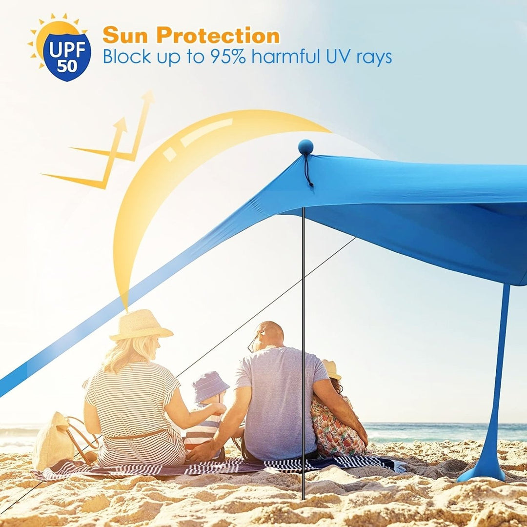 Beach Canopy Tent Sun Shelter Family Beach Tent Outdoor Shade with Sandbag Foldable Poles Carry Bag for Camping Trip Image 3