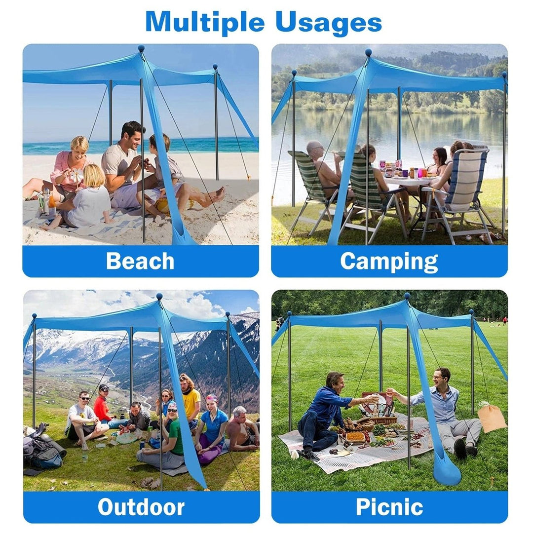 Beach Canopy Tent Sun Shelter Family Beach Tent Outdoor Shade with Sandbag Foldable Poles Carry Bag for Camping Trip Image 6