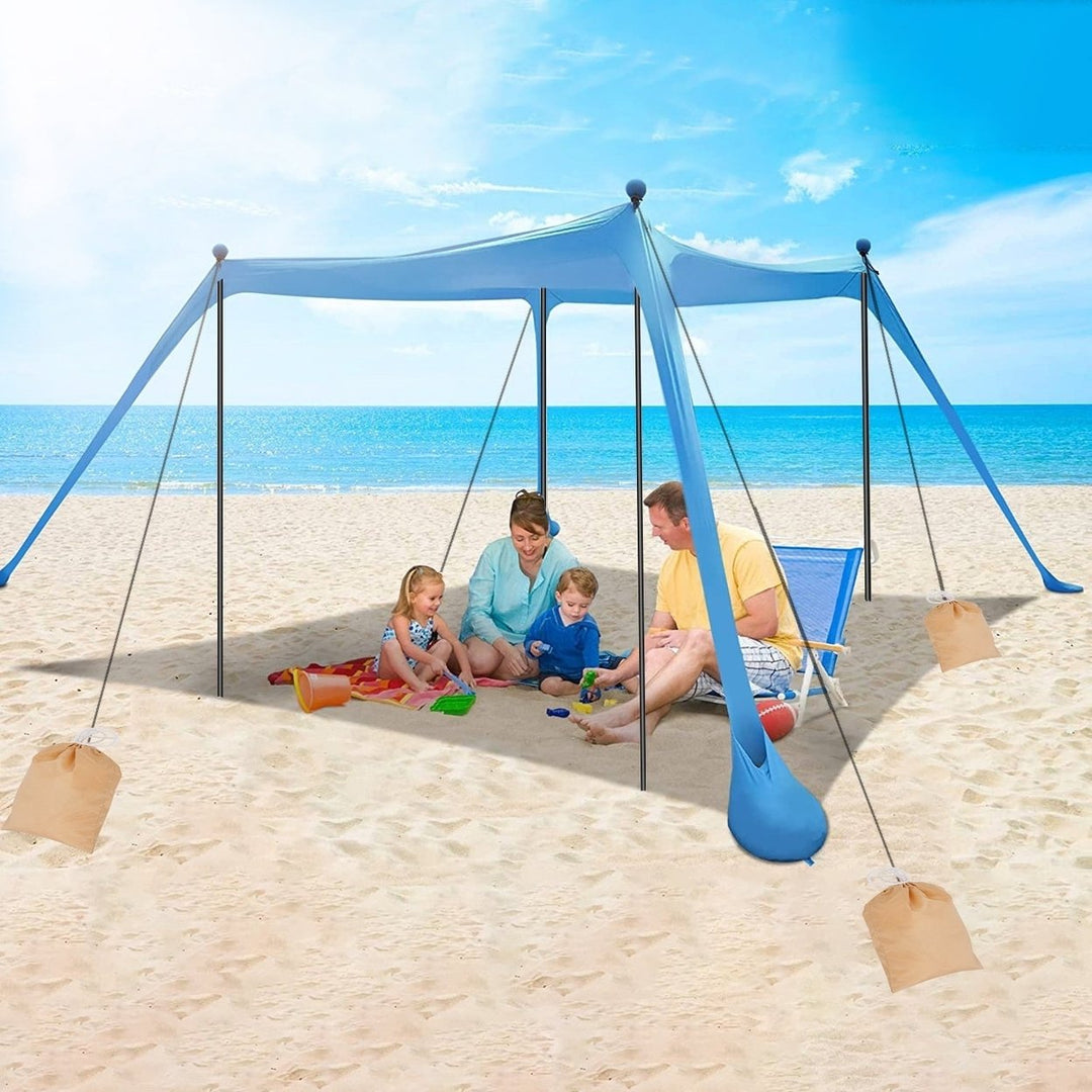 Beach Canopy Tent Sun Shelter Family Beach Tent Outdoor Shade with Sandbag Foldable Poles Carry Bag for Camping Trip Image 7