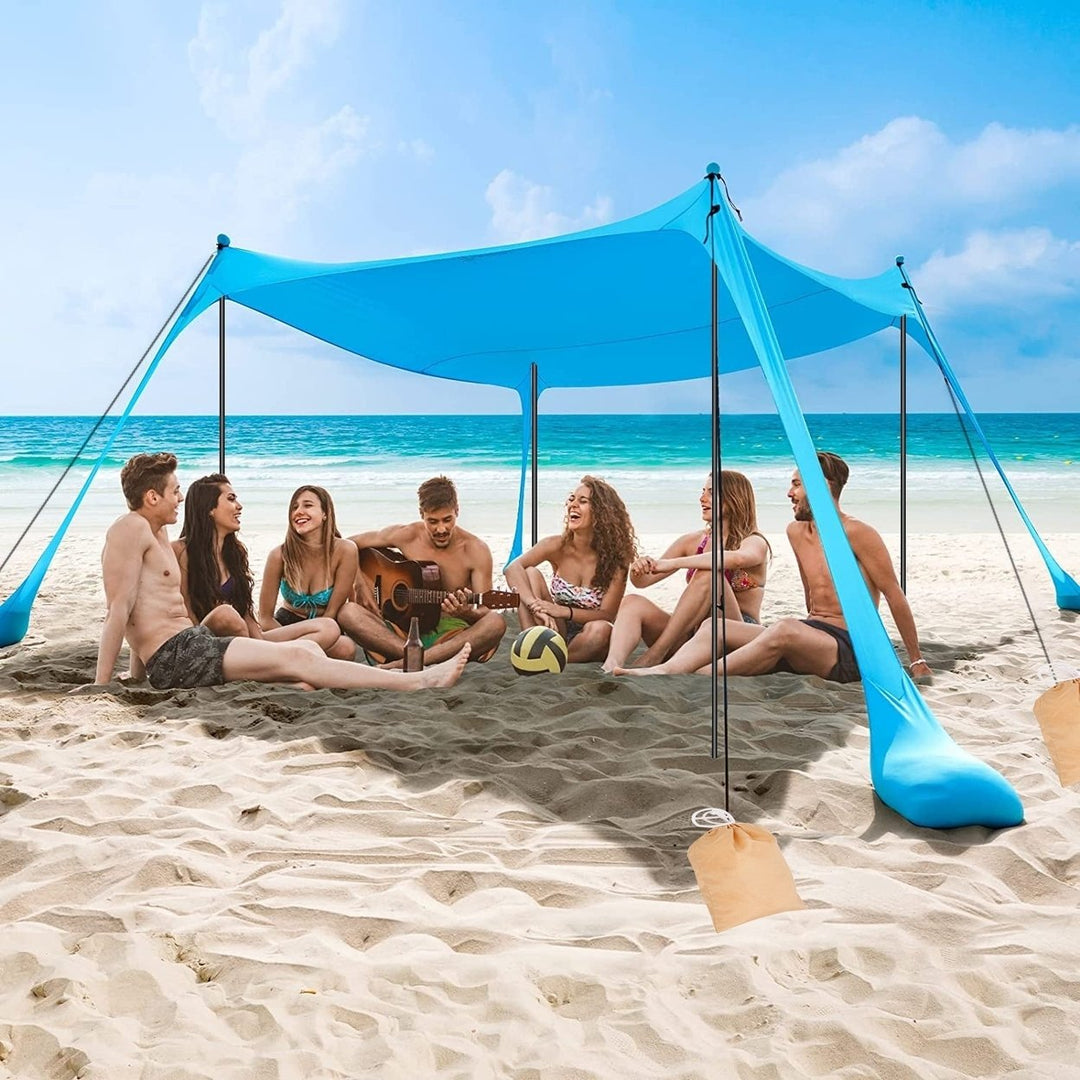 Beach Canopy Tent Sun Shelter Family Beach Tent Outdoor Shade with Sandbag Foldable Poles Carry Bag for Camping Trip Image 8