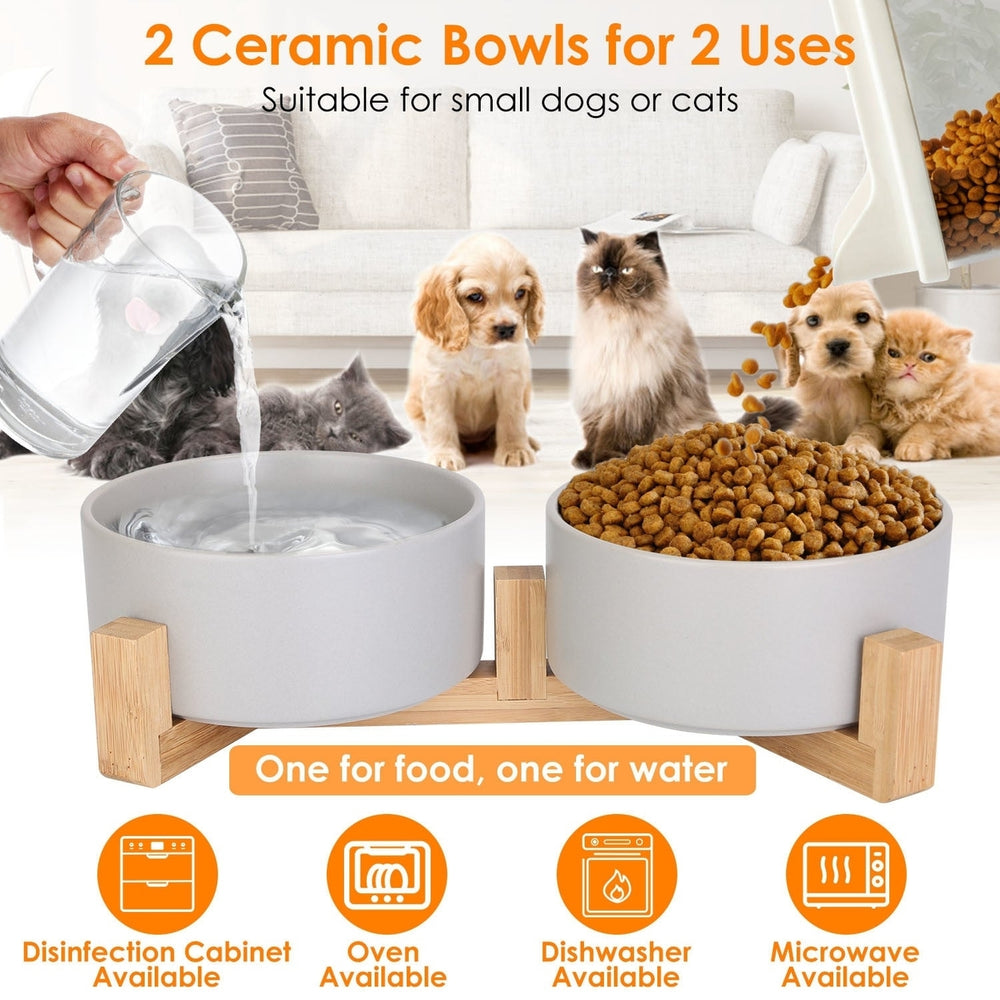 Double 28.7Oz Ceramic Pet Bowls Dog Cat Bowls with Wooden Stand Raised Pet Feeder for Small Dogs Cats Image 2