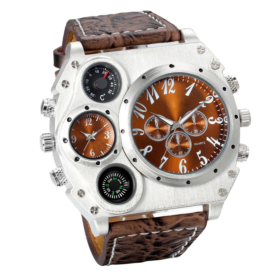 Mens Quartz Watch Two Time Zone Big Face Military Style Compass Thermometer Decorative Dial PU Leather Strap Image 6