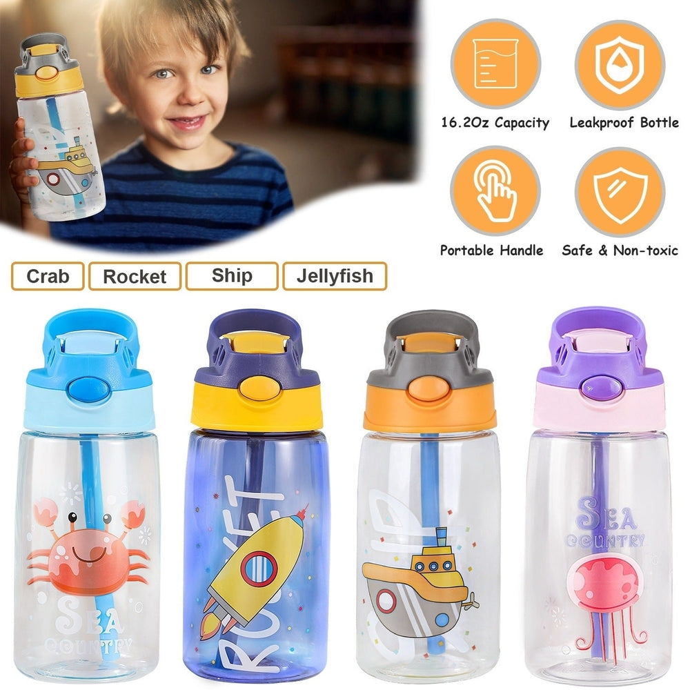 16.2Oz Leak-proof Kids Water Bottle with Straw Push Button Sport Water Bottle for Kids Crab Ship Jellyfish Rocket Image 2