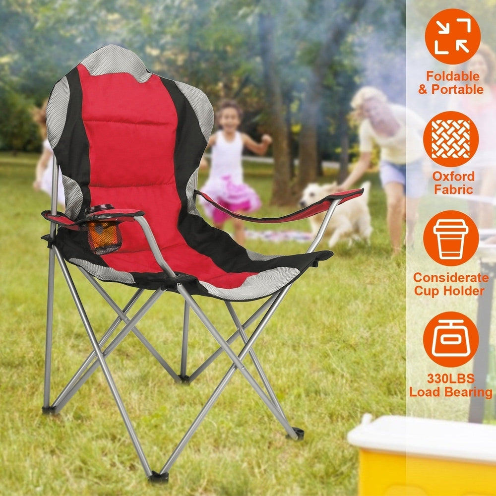 Foldable Camping Chair Heavy Duty Steel Lawn Chair Padded Seat Arm Back Beach Chair 330LBS Max Load with Cup Holder Image 2