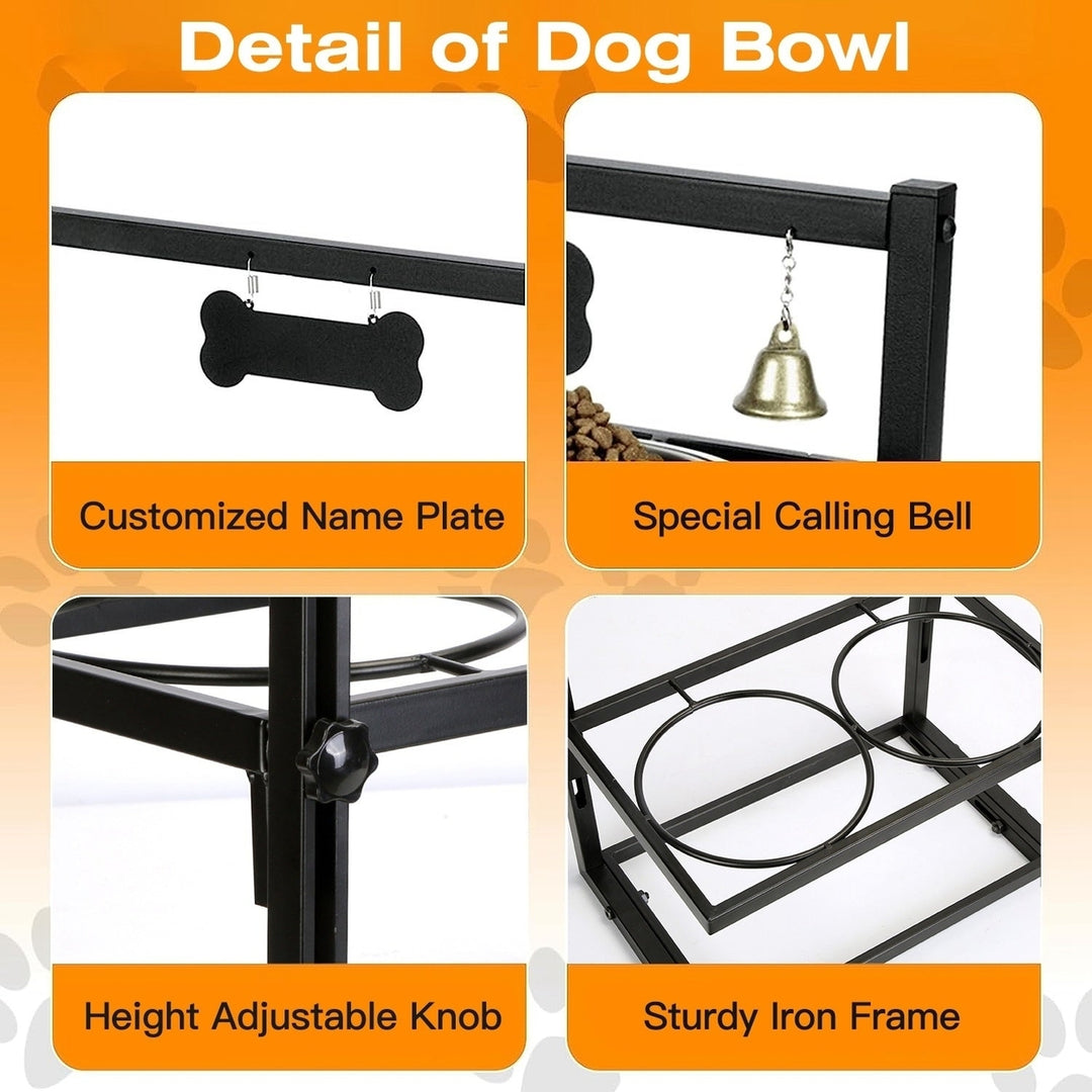 Dog Raised Bowls with 4.1 to 12.4in Adjustable Height Stainless Steel Elevated Double Dog Bowls with Bell Name Plate for Image 4