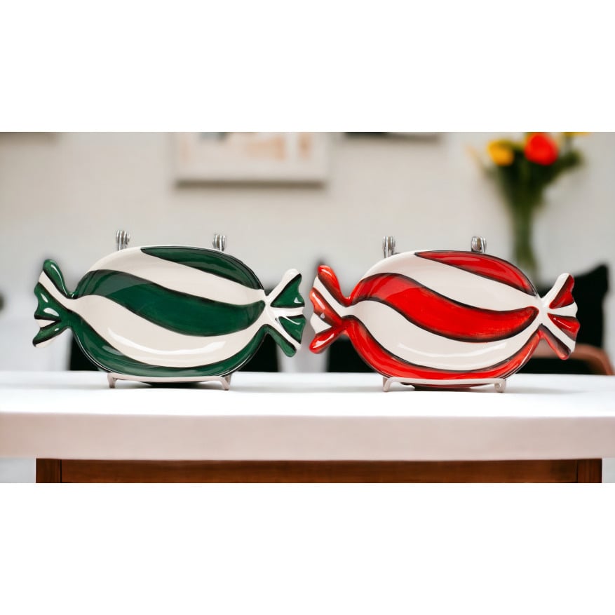 Ceramic Peppermint Candy Dish Set of 2 Red Green 7.75 Inch Image 2