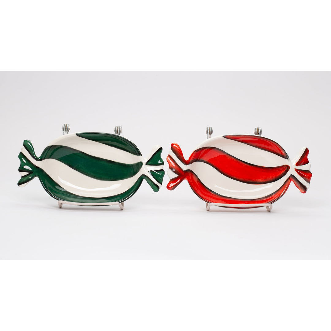 Ceramic Peppermint Candy Dish Set of 2 Red Green 7.75 Inch Image 3