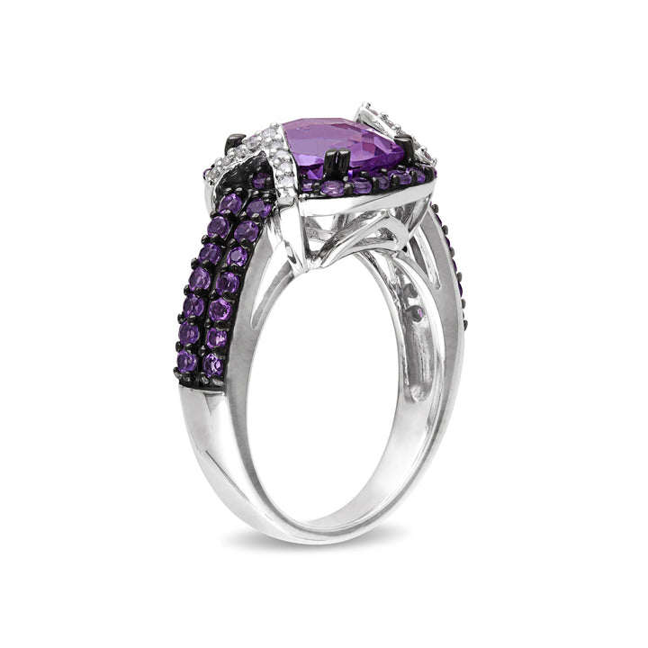 3.34 Carat (ctw) Amethyst Halo Ring with Diamonds Accents in Sterling Silver Image 3
