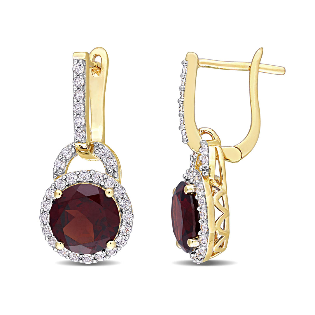 4.90 Carat (ctw) Garnet and White Topaz Halo Dangle Earrings in Yellow Sterling SilverSterling Silver Image 1