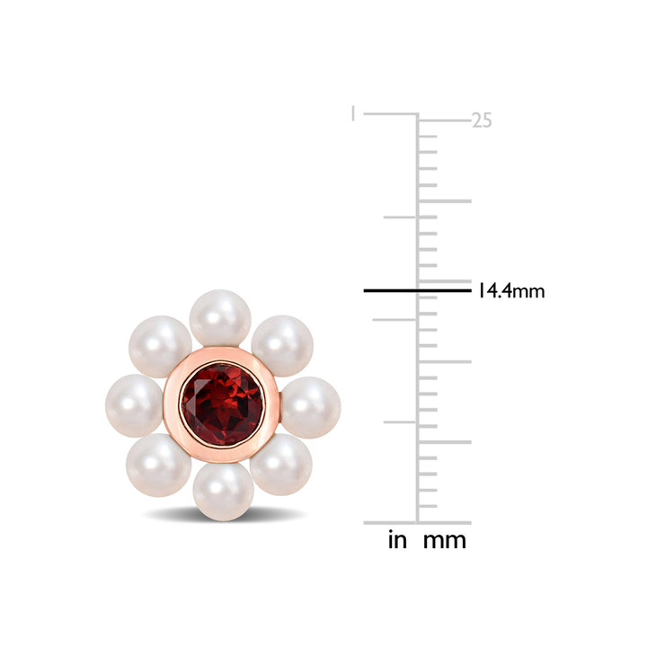 3.5-4mm Cultured Freshwater Pearl Flower Button Earrings in 10K Rose Gold with 1.20 Carat (ctw) Garnet Image 4