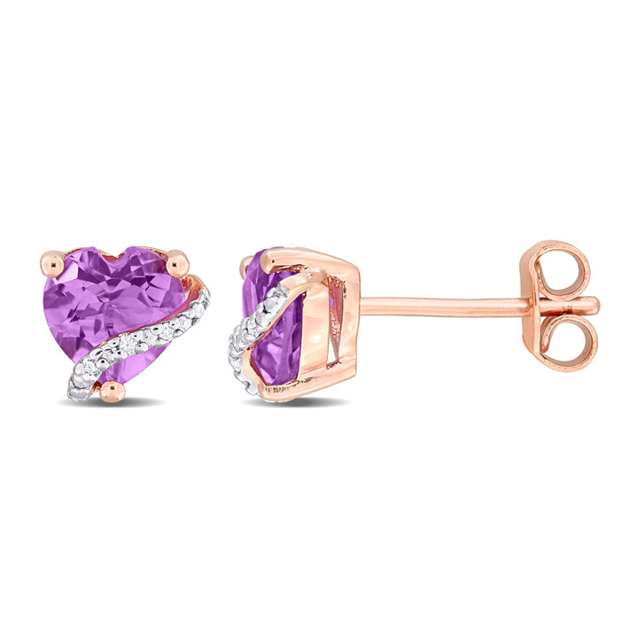 1.10 Carat (ctw) Amethyst Solitaire Heart Earrings in Rose Plated Sterling Silver Image 1