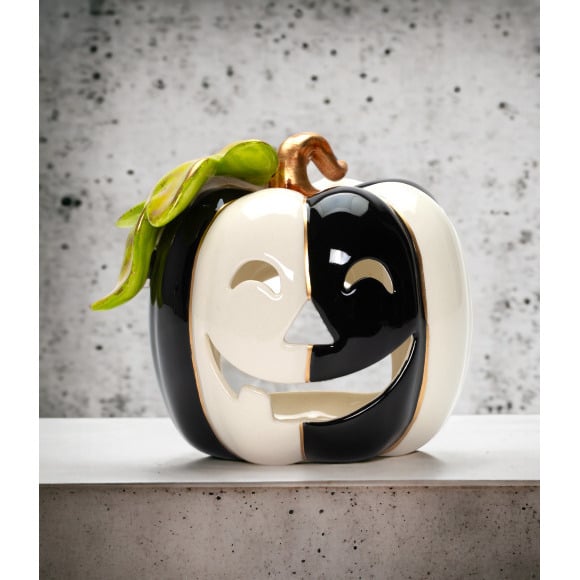 Ceramic Pumpkin Tealight Holder Black and White 5in Halloween Gift Image 2