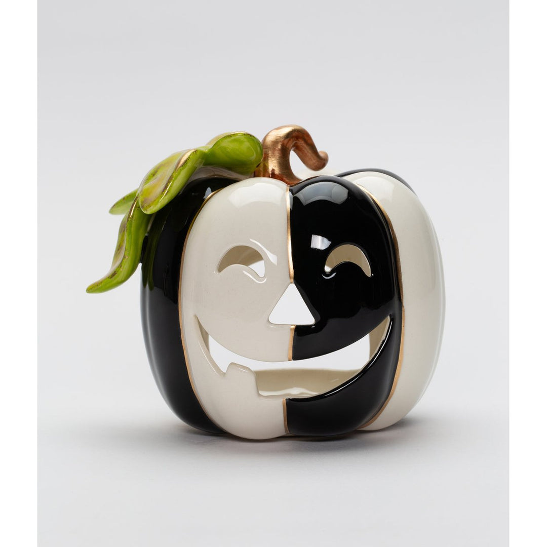 Ceramic Pumpkin Tealight Holder Black and White 5in Halloween Gift Image 3