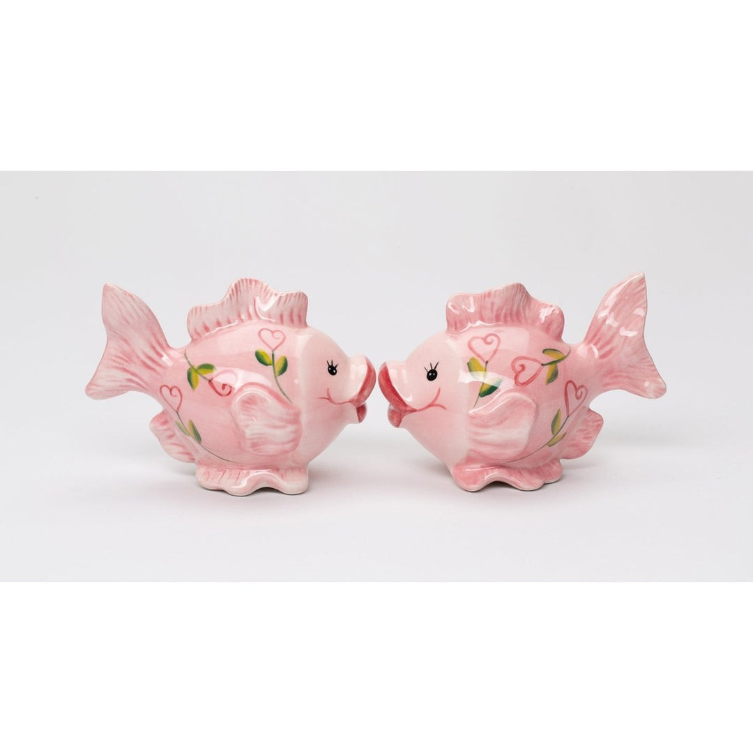 Ceramic Pink Fish Salt and Pepper Shakers Hearts 3 7/8 inch Gift Image 3