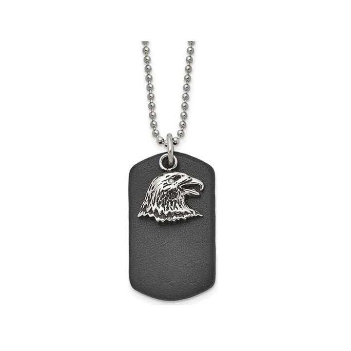 Mens Stainless Steel American Eagle Leather Dogtag Pendant Necklace with Chain (22 Inches) Image 1