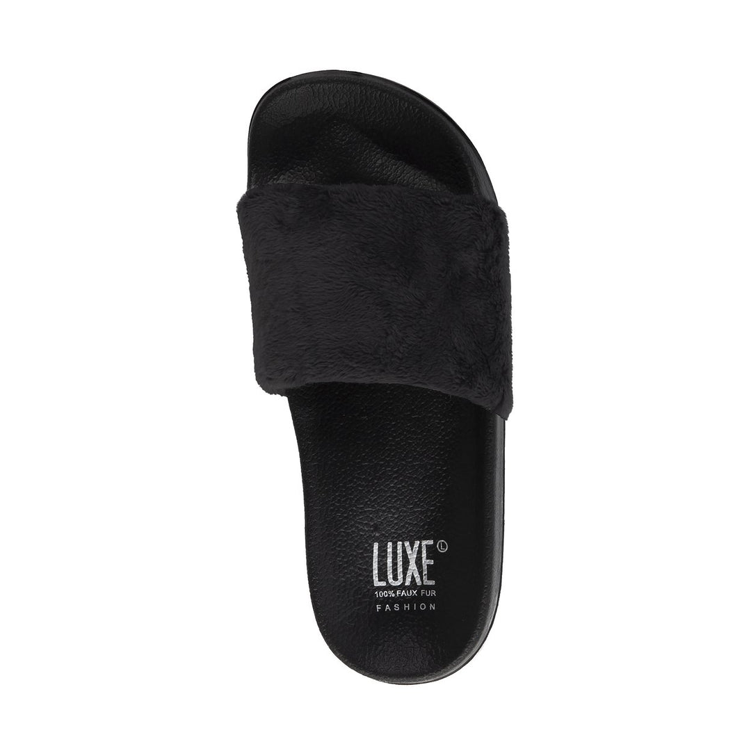 Luxe Faux Sheepskin Women Slides Black Soft faux Cushioned Slip-On Sizes S-XL Image 1