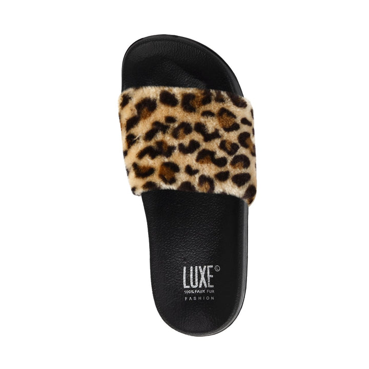 Luxe Faux Sheepskin Slides Women Leopard Casual Comfort Sizes S-XL Image 1