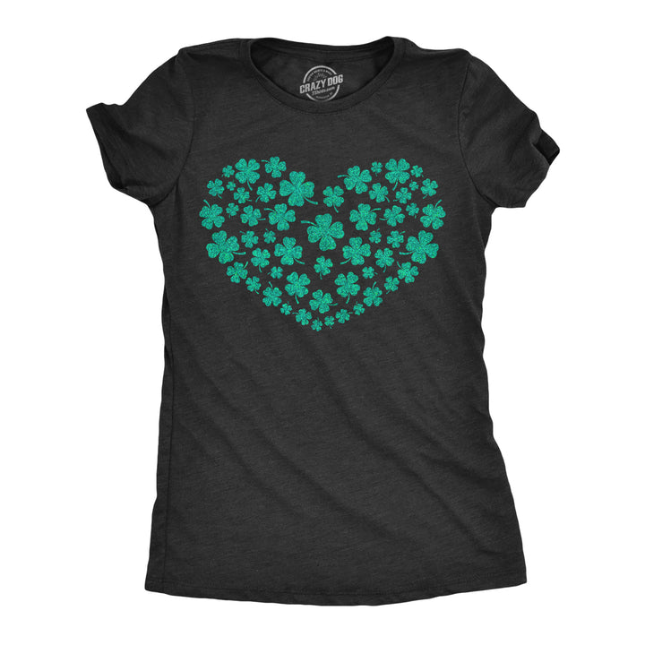 Womens Glitter Clover Heart T Shirt Funny Shamrock St Pattys Day Parade Lovers Tee For Ladies Image 1