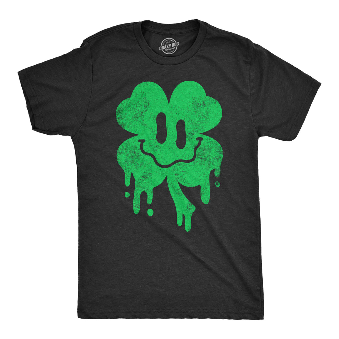 Mens Dripping Clover Face T Shirt Funny St Paddys Day Wasted Shamrock Smiling Face Tee For Guys Image 1