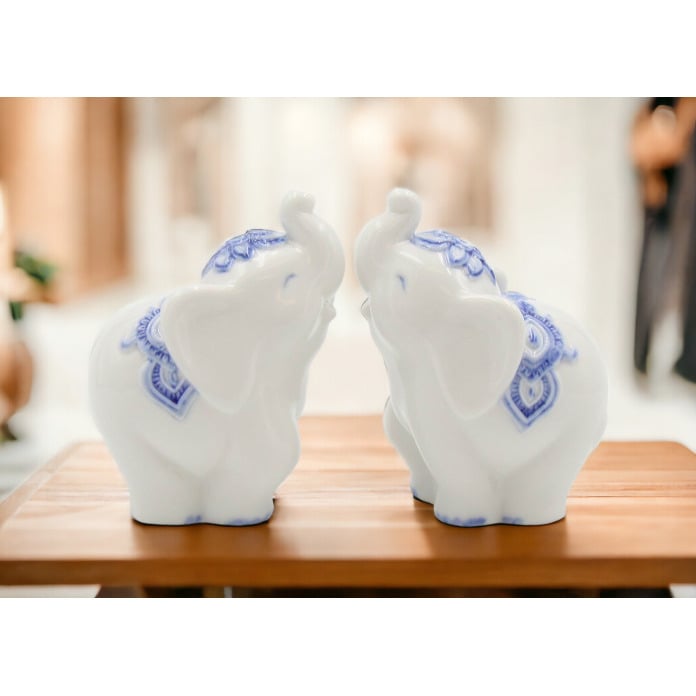 Ceramic Elephant Salt and Pepper Shakers Blue Print 4.125 Inch Gift Image 1