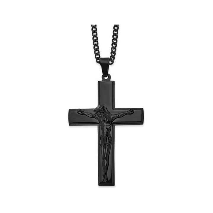 Mens Chisel Black Plated Stainless Steel Crucifix Necklace with Chain Image 1