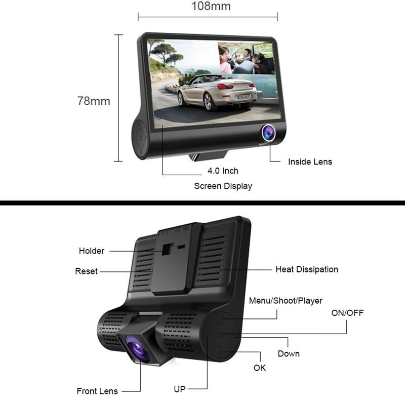 Car DVR 3 Cameras Lens 4.0 Inch Dash Camera Dual Lens With Rear view Image 6
