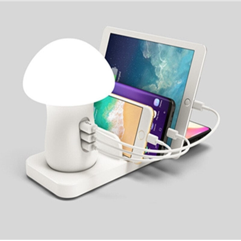 3 Port USB Phone Charger Station Mushroom Night Lamp Wireless Charging Station Image 2