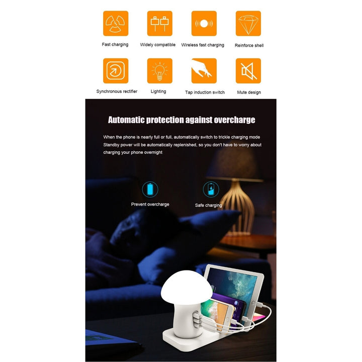 3 Port USB Phone Charger Station Mushroom Night Lamp Wireless Charging Station Image 7