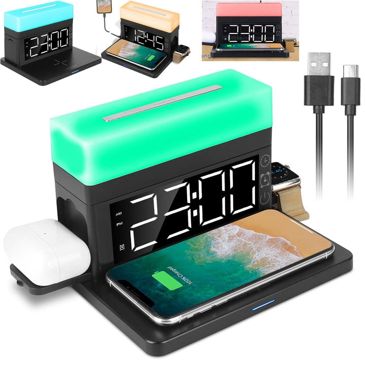 3-In-1 15W Fast Wireless Charging Station Dock 7-Color Flashing Alarm Clock Lamp Image 3