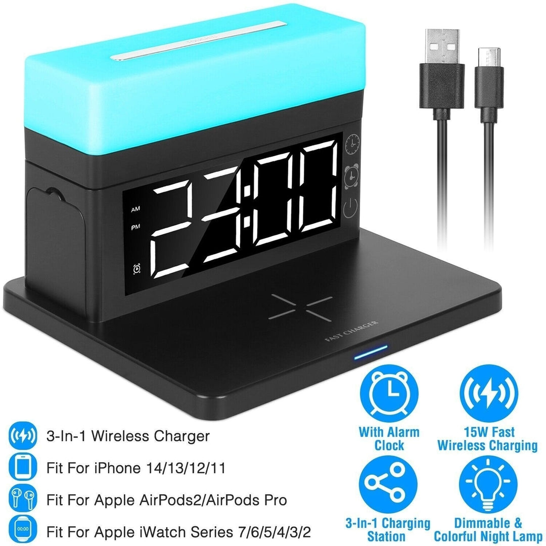 3-In-1 15W Fast Wireless Charging Station Dock 7-Color Flashing Alarm Clock Lamp Image 4