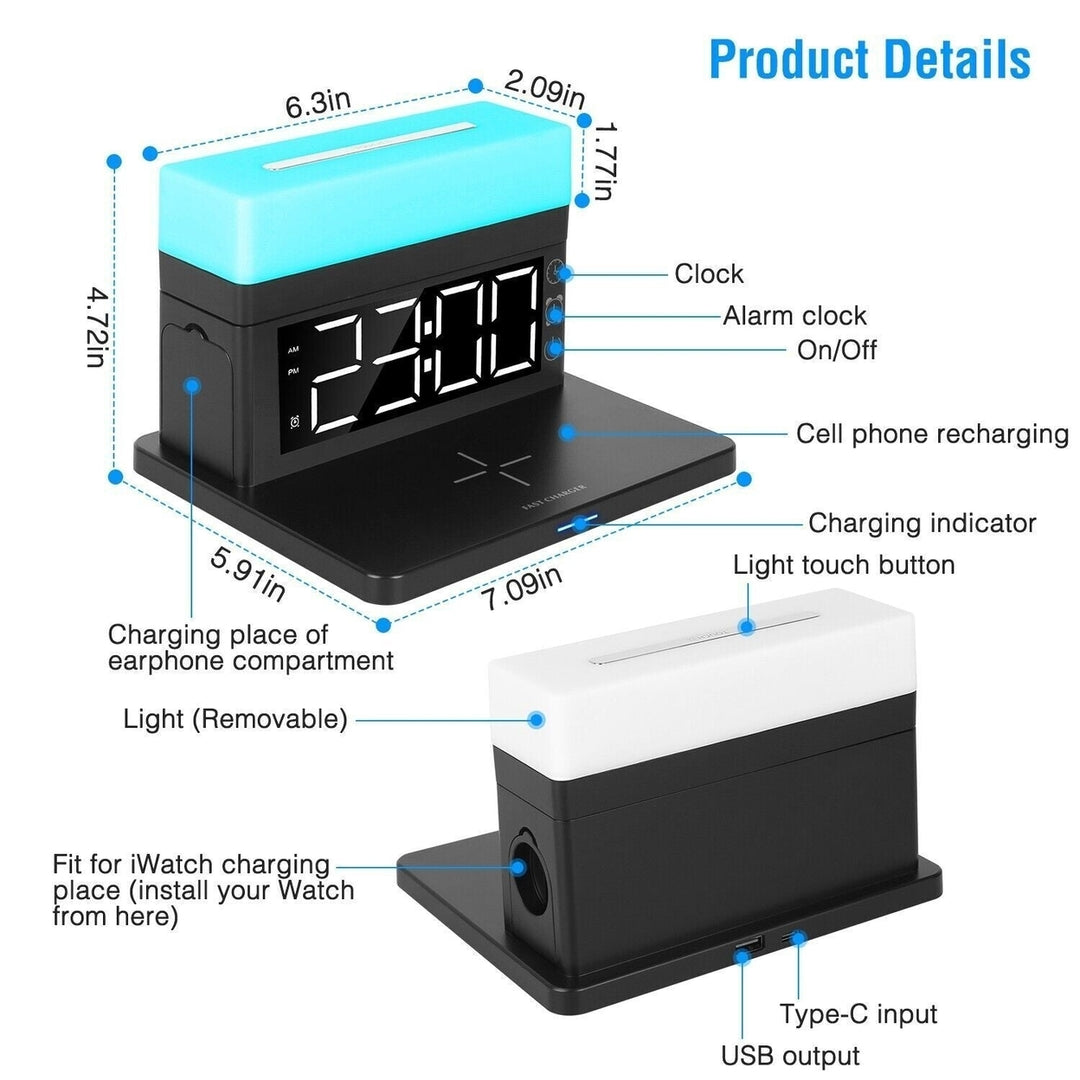 3-In-1 15W Fast Wireless Charging Station Dock 7-Color Flashing Alarm Clock Lamp Image 6