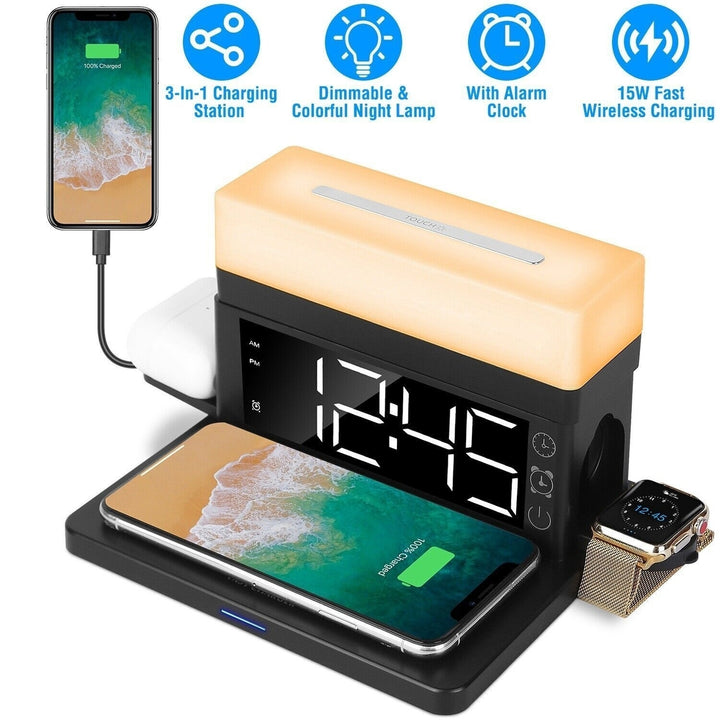 3-In-1 15W Fast Wireless Charging Station Dock 7-Color Flashing Alarm Clock Lamp Image 7