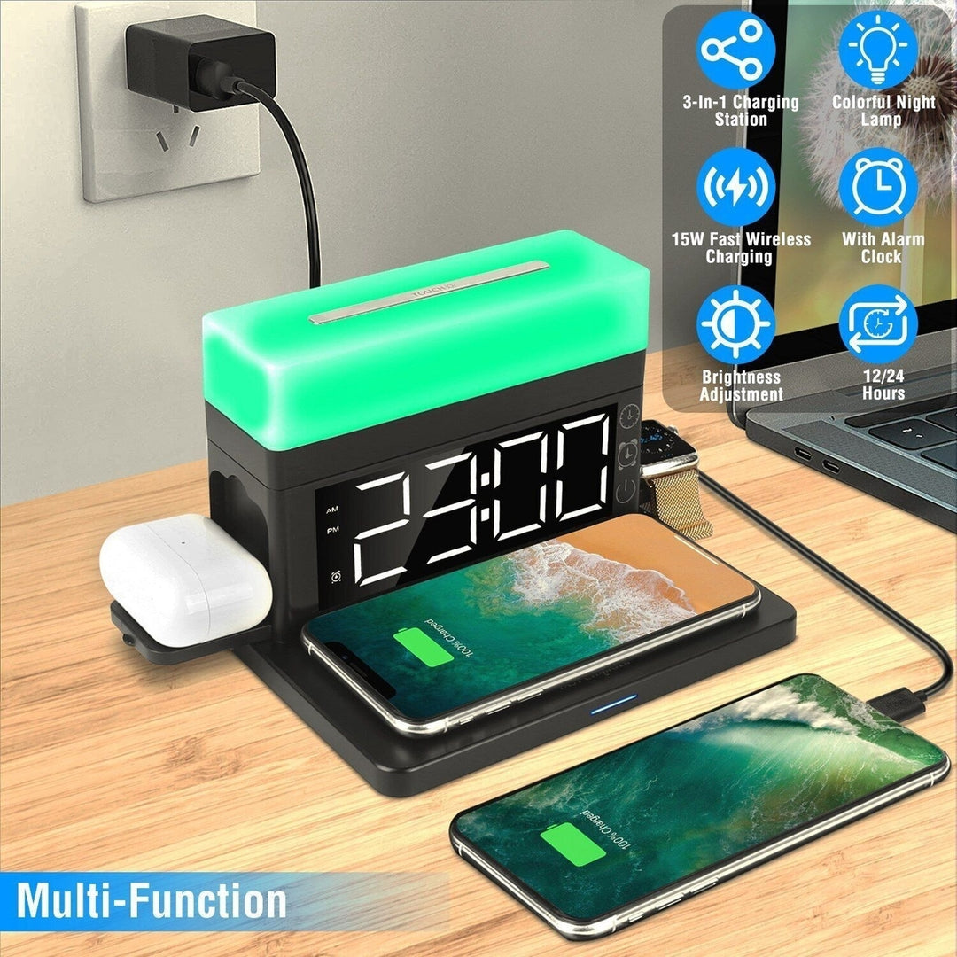 3-In-1 15W Fast Wireless Charging Station Dock 7-Color Flashing Alarm Clock Lamp Image 8