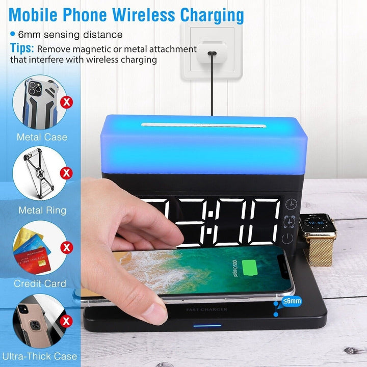 3-In-1 15W Fast Wireless Charging Station Dock 7-Color Flashing Alarm Clock Lamp Image 9