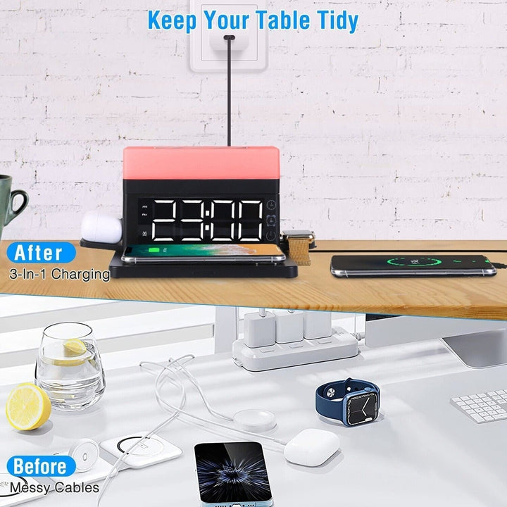3-In-1 15W Fast Wireless Charging Station Dock 7-Color Flashing Alarm Clock Lamp Image 11