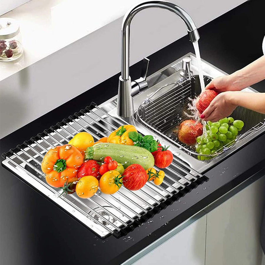 Kitchen Over the Sink Dish Drying Rack Roll Up Stainless Steel Colander Drainer Image 1