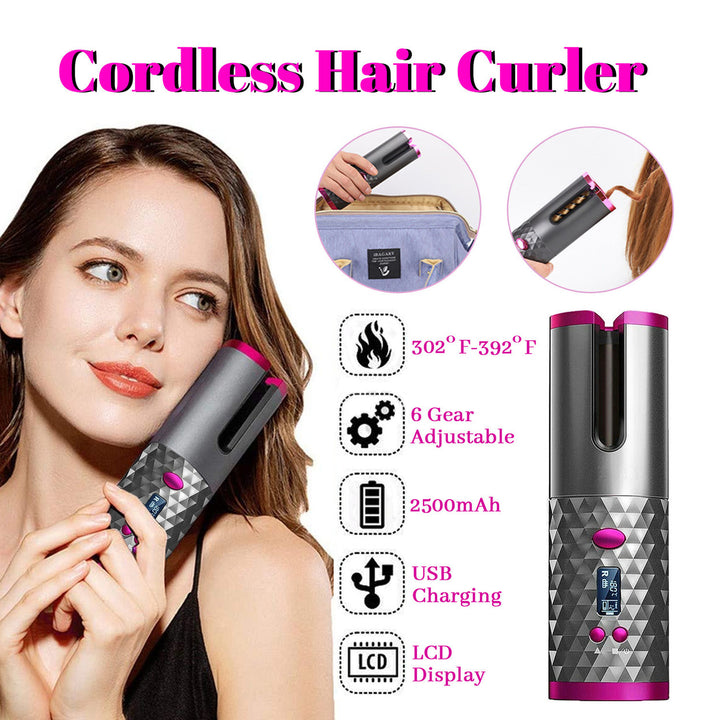 LCD Cordless Hair Curler Auto Rotating Wireless Hair Waver Curling Iron Ceramic Image 3