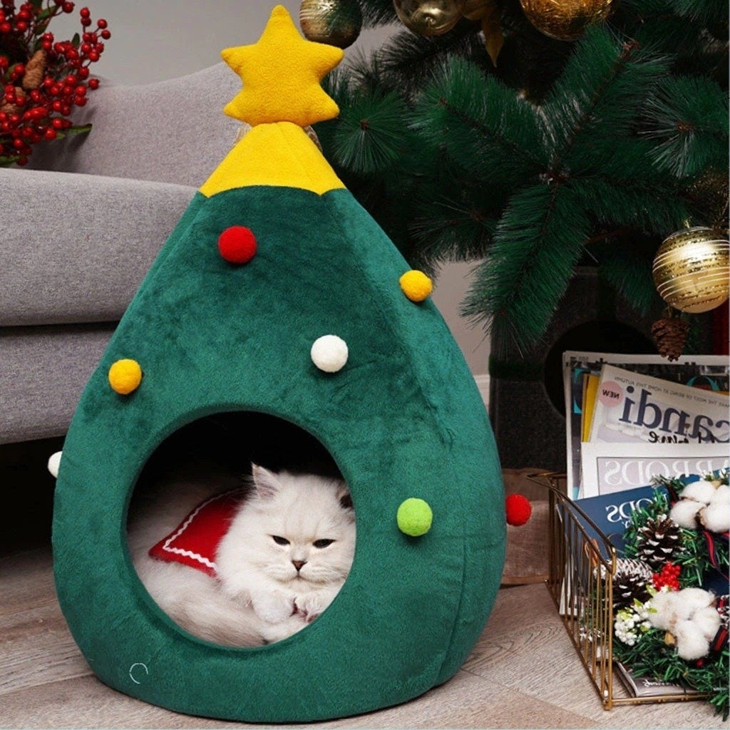 Cosy Warm Christmas Tree Cat Bed-adorable Christmas tree cat bed Image 3