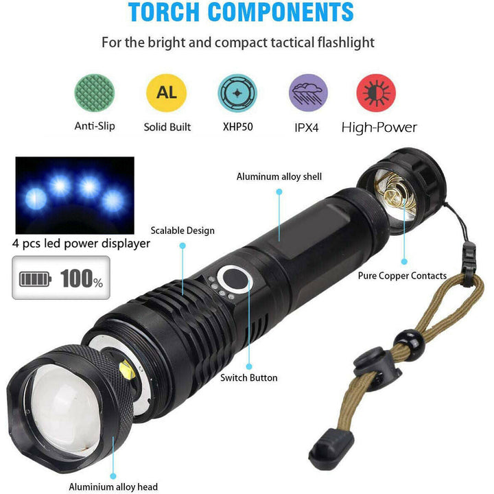 Super-Bright Rechargeable 90000Lumens LED Tactical XHP50 Flashlight With Battery Image 4