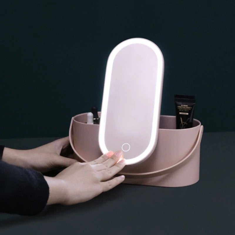 Travel Portable Makeup Organizer Box with LED Light Mirror Image 2